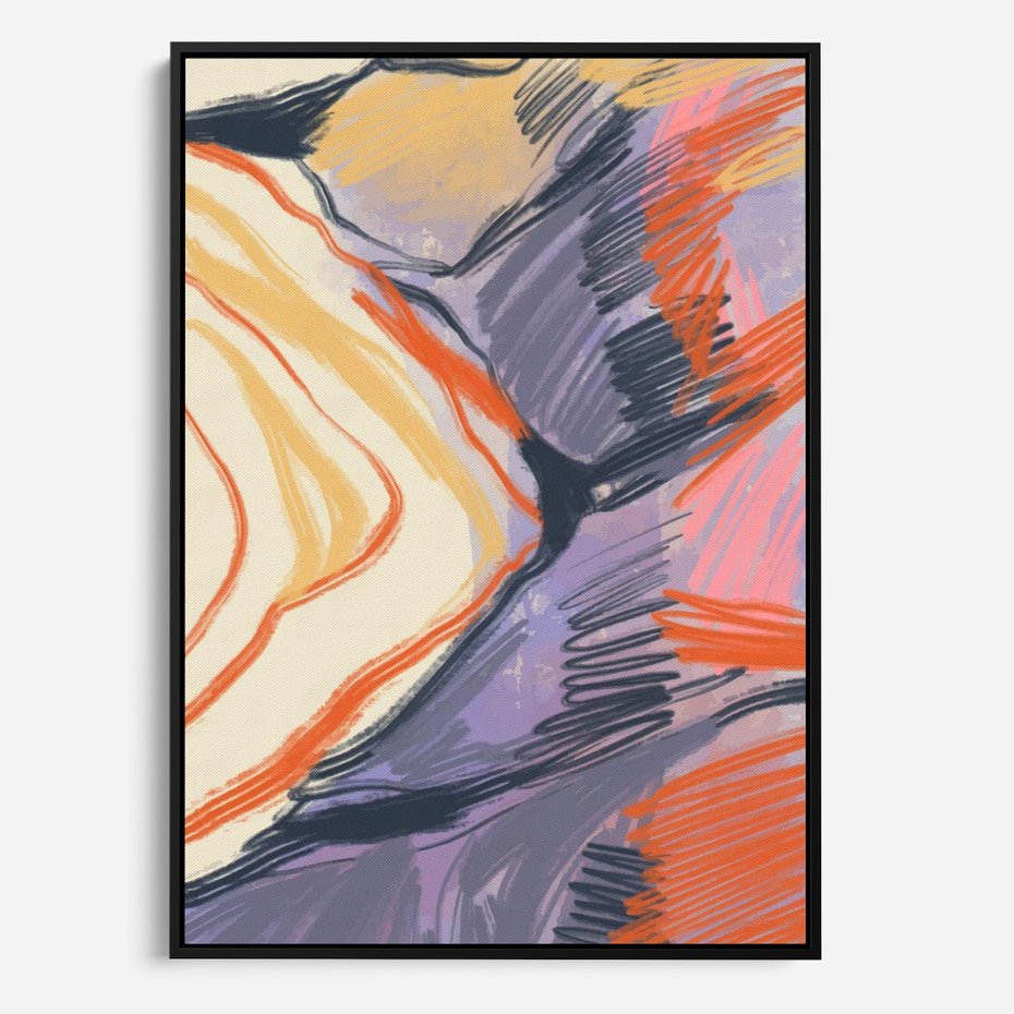 Obraz w ramie 70x100 - Pokreślony Świat - abstrakcyjne formy, odcienie pomarańczu i fioletu - rama czarna