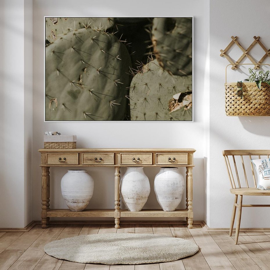 Obraz w ramie 120x80 - Urok Egzotyki - kaktusy, boho - rama biała