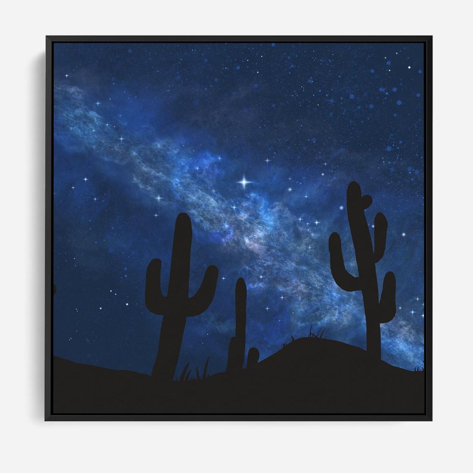 Obraz w ramie 50x50 - Nocne Tajemnice Pustyni - gwieździsta noc, granatowe niebo - rama czarna