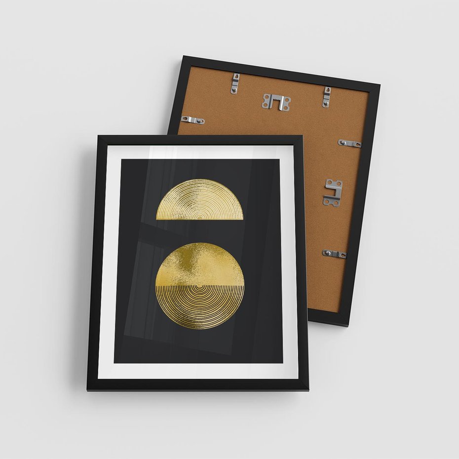 Plakat w ramie 40x50 - Migotliwe Przeniknięcia - złote koła, czarne tło - rama czarna