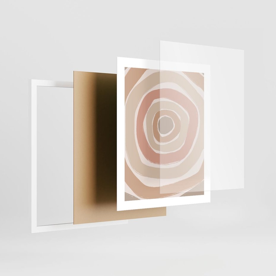 Plakat w ramie 40x50 - Roztopione Granice - abstakcyjne koła, delikatne odcienie beżu - rama biała
