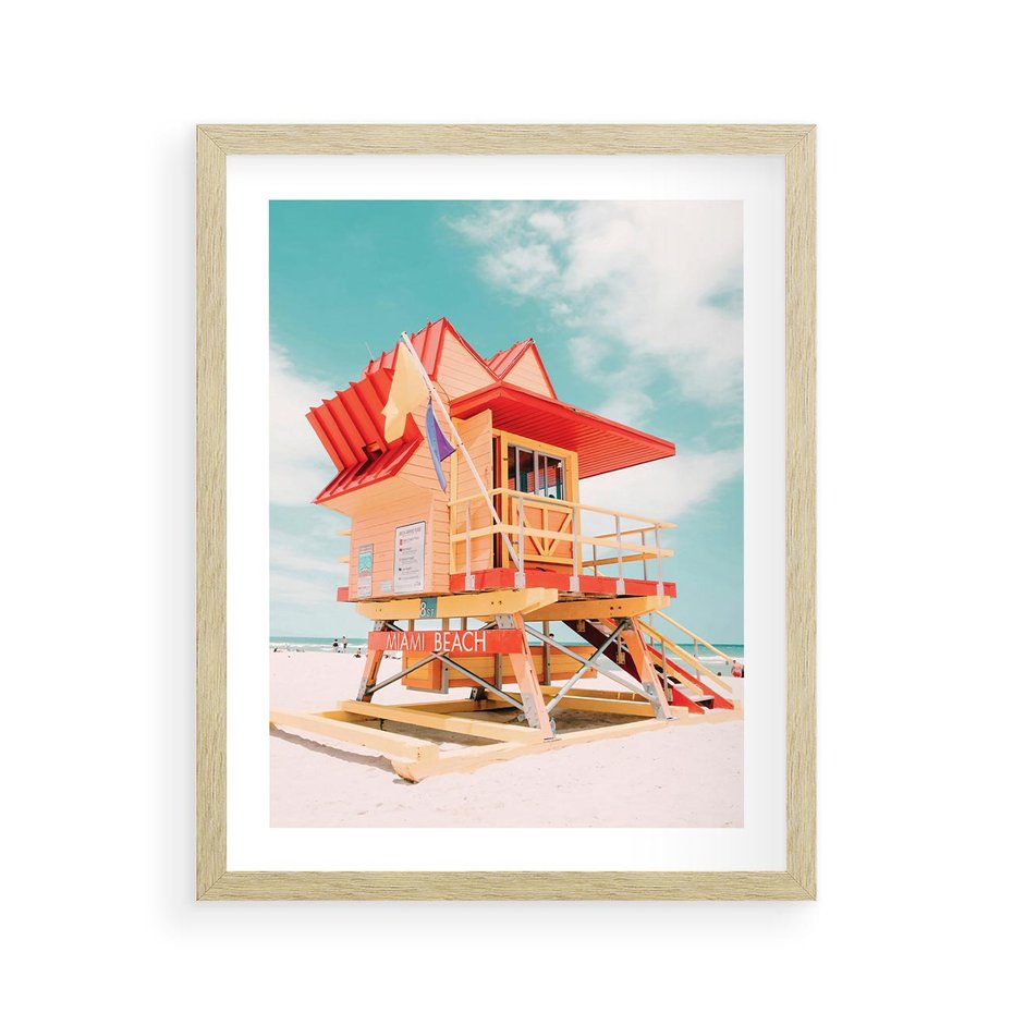 Plakat w ramie 40x50 - Rajski Widok - plaża miami, domek ratownika - rama drewno