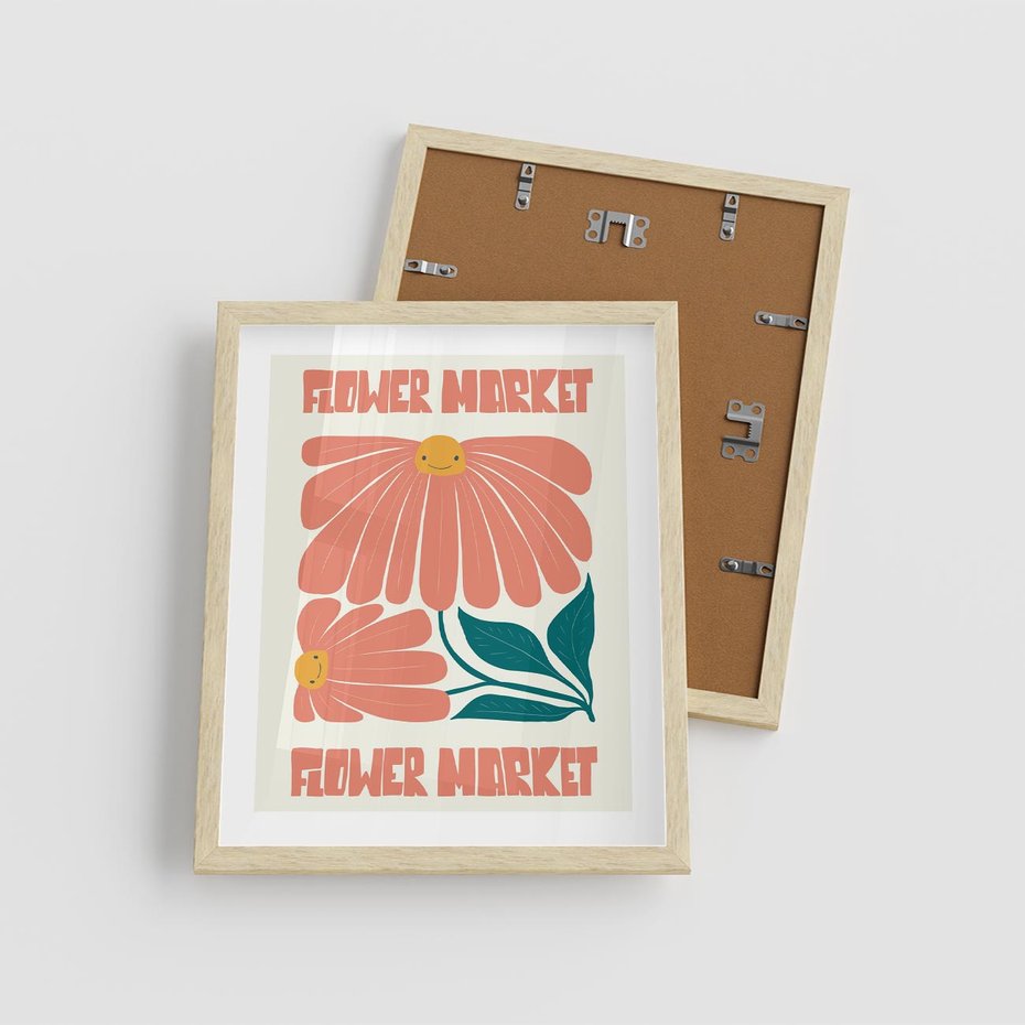 Plakat w ramie 40x50 - Retro Radość - typografia, wesołe kwiaty - rama drewno