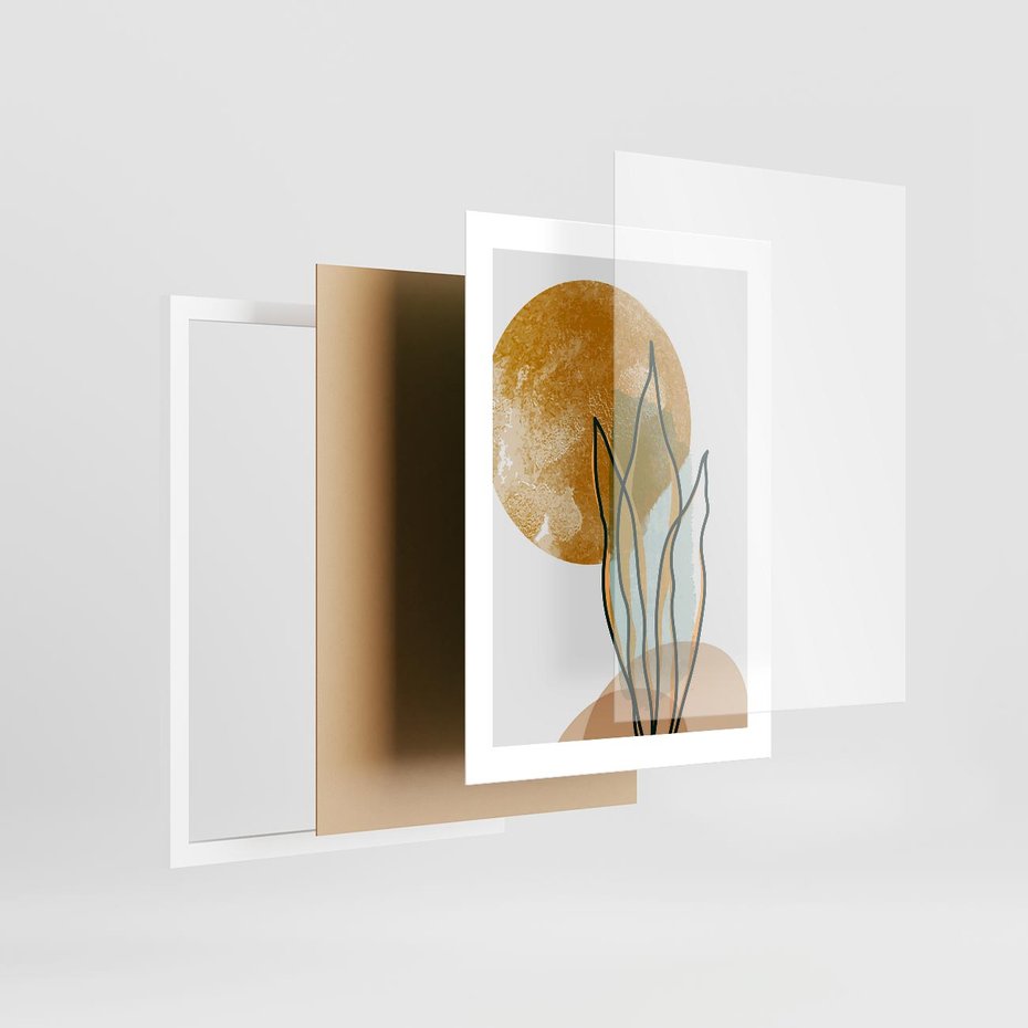 Plakat w ramie 30x40 - Światło Natury: Graficzne Liście i Złote Słońce - grafika, graficzne liście - rama biała