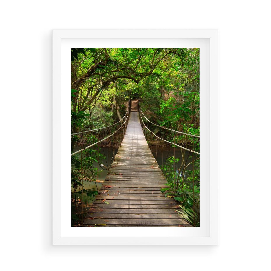 Plakat w ramie 50x70 - Przez Dżunglę - most, linowy - rama biała