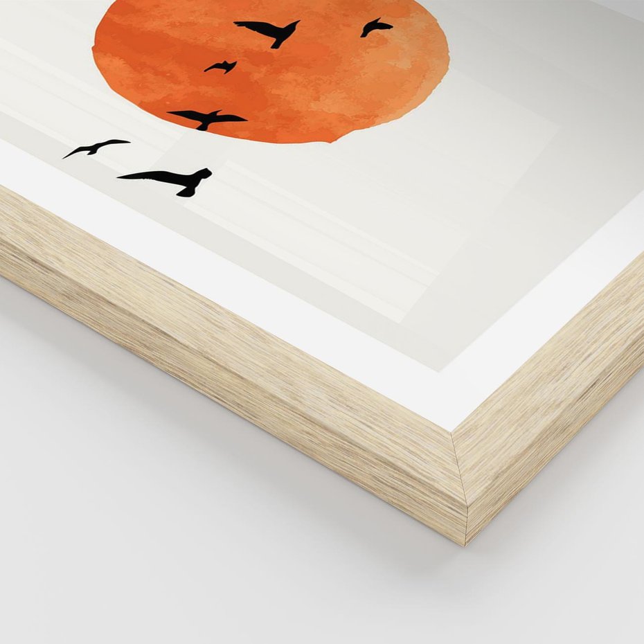 Plakat w ramie 30x40 - Zachód Słońca i Ptaki - grafika akwarela, czarne ptaki na tle zachodu słońca - rama drewno