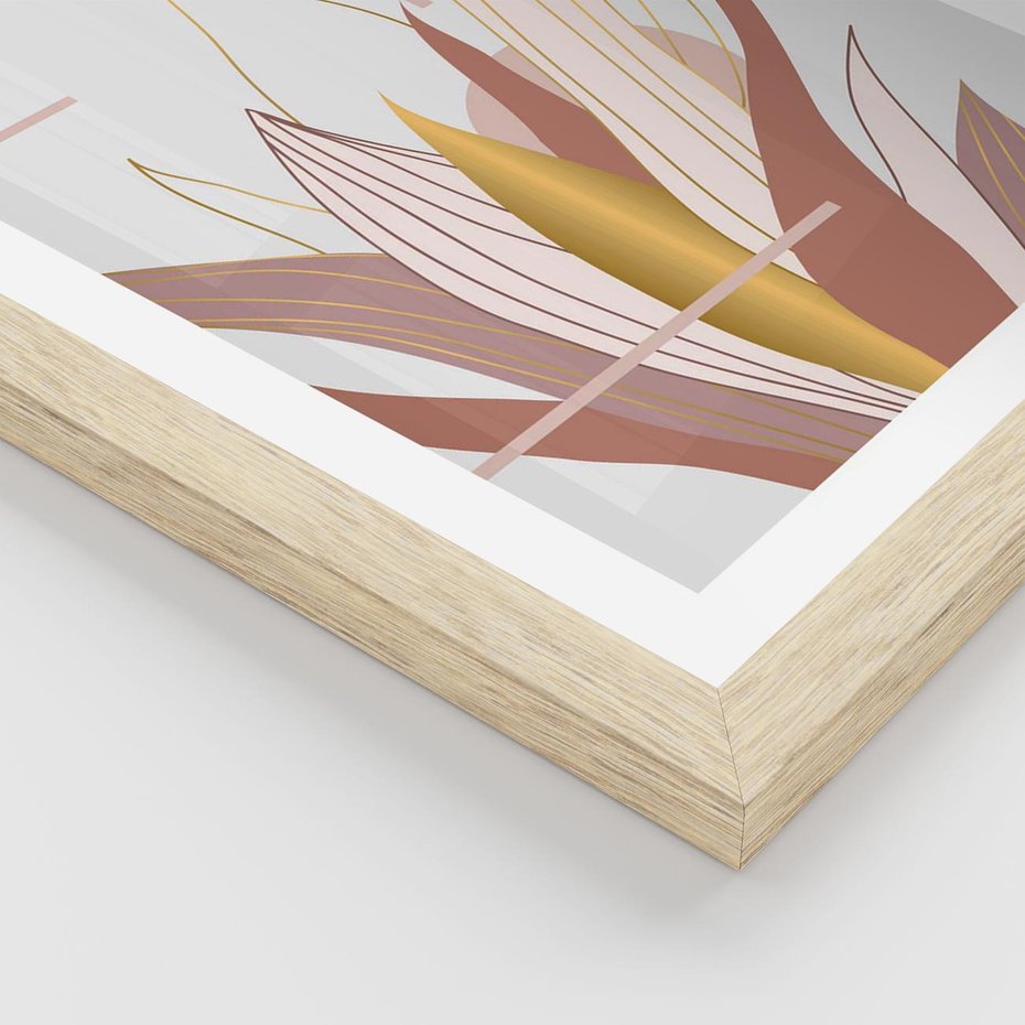 Plakat w ramie 40x50 - Złota Grafika Liści: Wyjątkowa Dekoracja - liście, złoto - rama drewno