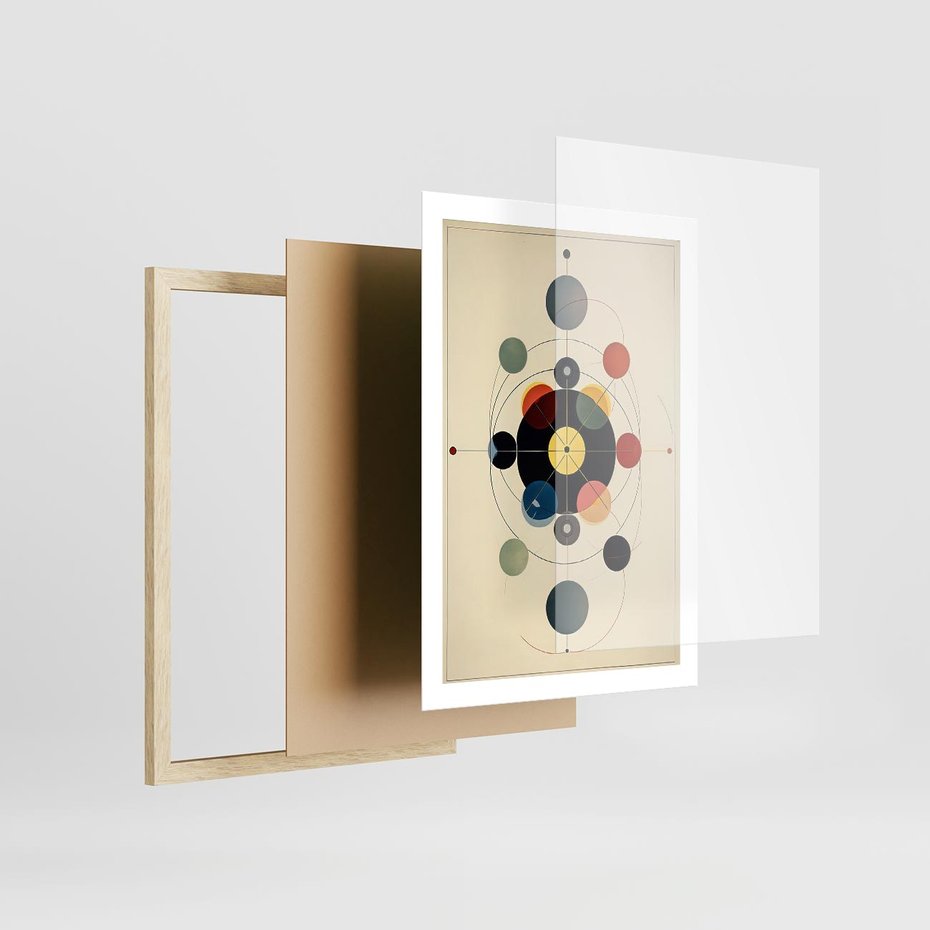 Plakat w ramie 50x70 - Bezgraniczny Taniec Światła - abstrakcyjna geometryczna kompozycja, koła linie - rama drewno