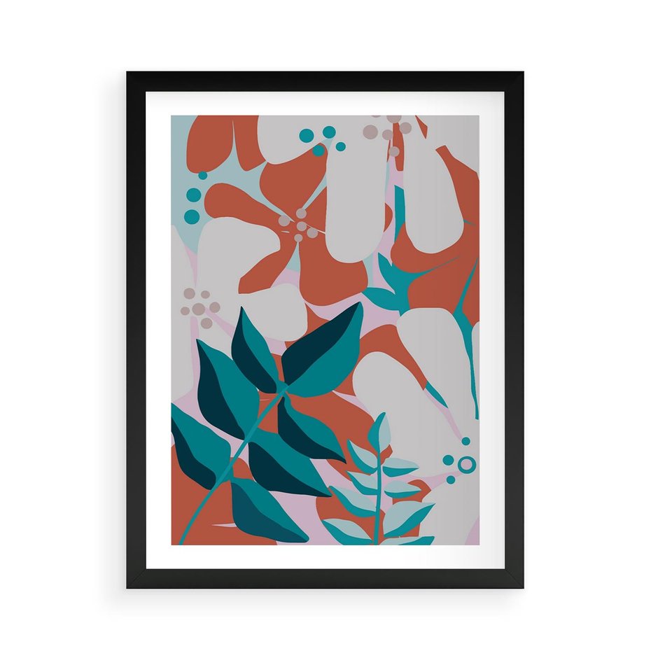 Plakat w ramie 50x70 - Harmonijne Formy - abstrakcyjna kompozycja kwiatowych form, kolor zgaszone - rama czarna
