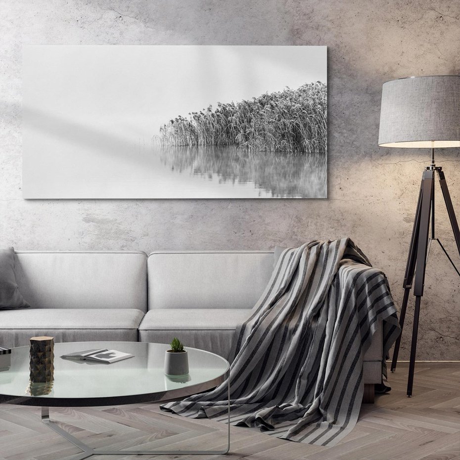 Obraz na płótnie 100x50 - Mglisty Brzeg Jeziora - czarno białe zdjęcie, zamglone jezioro