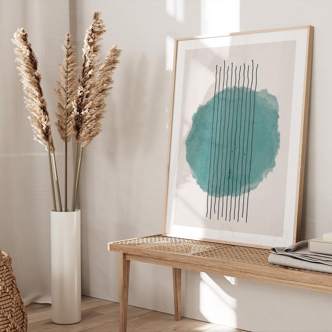 Plakat w ramie 50x70 - Podróżne Inspiracje - abstrakcyjna akwarelowa plama, nieregularne kreski - rama drewno