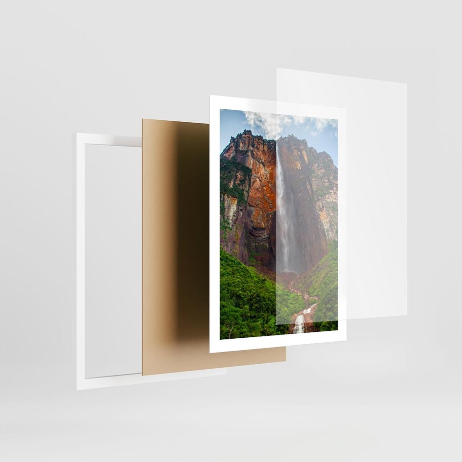 Plakat w ramie 50x70 - Górska siła wodospadów - wodospad, góra - rama biała
