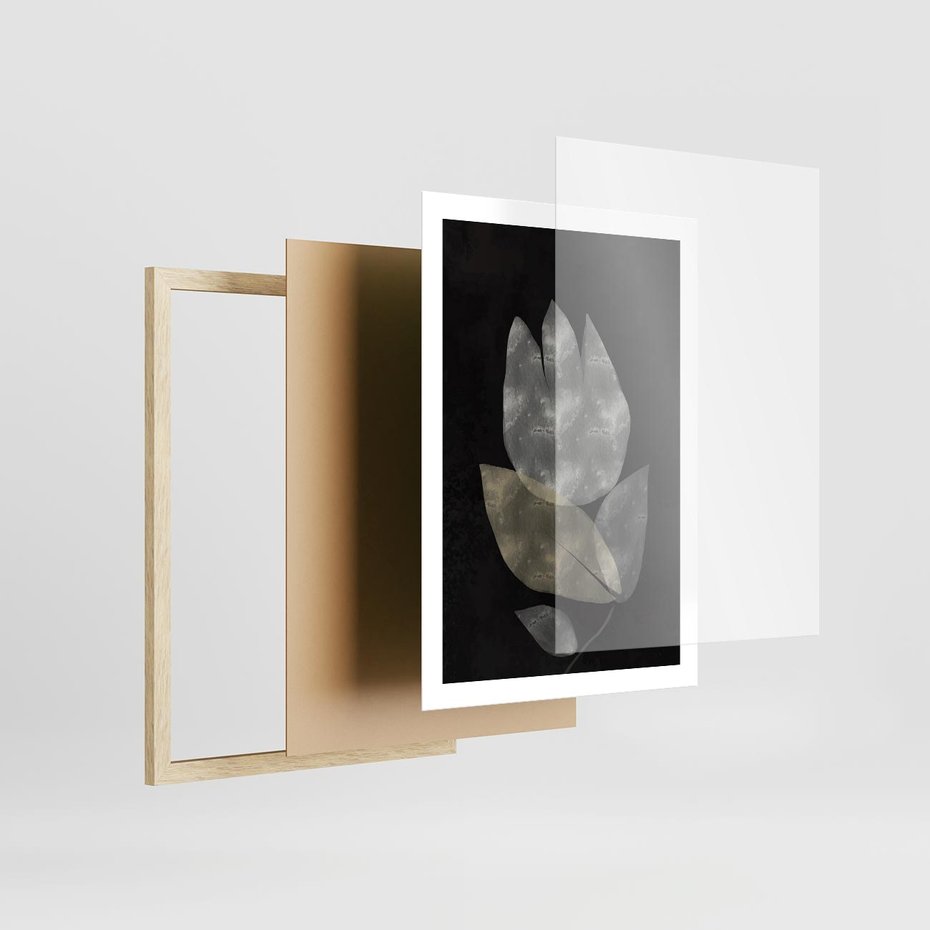 Plakat w ramie 50x70 - Nocne Uniesienia - abstrakcyjny kwiat, mroczna atmosfera - rama drewno