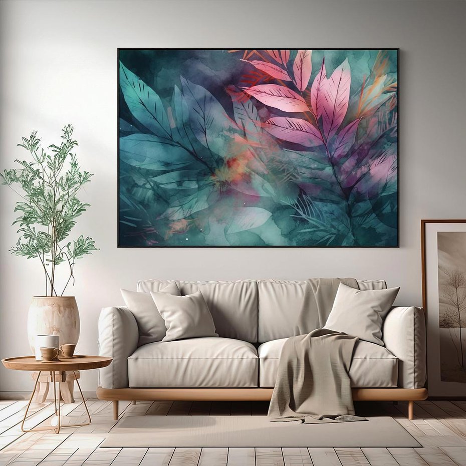 Obraz w ramie 70x50 - Subtelne Zielone - pastelowe zielone liście, róż - rama czarna