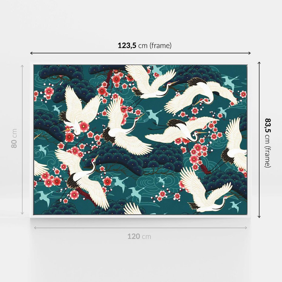 Obraz w ramie 120x80 - Żurawie Wachlarze - orientalne japońskie żurawie, grafika - rama biała