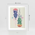 Plakat w ramie 30x40 - Morskie Pulsacje - nowoczesny optymistyczny plakat, kolorowe meduzy - rama biała