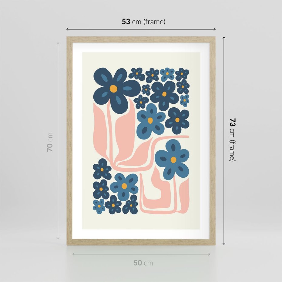 Plakat w ramie 50x70 - Niebieskie Refleksje - niebieskie kwiaty, niezapominajki - rama drewno