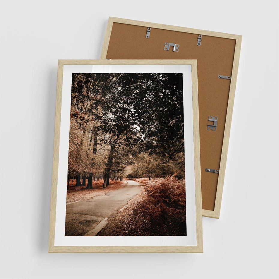 Plakat w ramie 50x70 - Magia Jesieni: Pejzaż Parku w Odcieniach Żółci - jesień, park - rama drewno