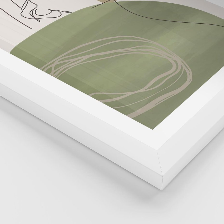 Plakat w ramie 50x70 - Jedna Linia, Wiele Emocji - akwarelowe plamy, na nich szkic postaci kobiety jedną linią - rama biała