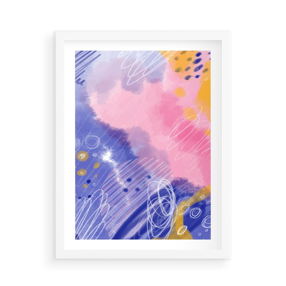 Plakat w ramie 50x70 - Migocące Granice Kształtów - abstrakcyjny plakat, pastelowe kolory - rama biała