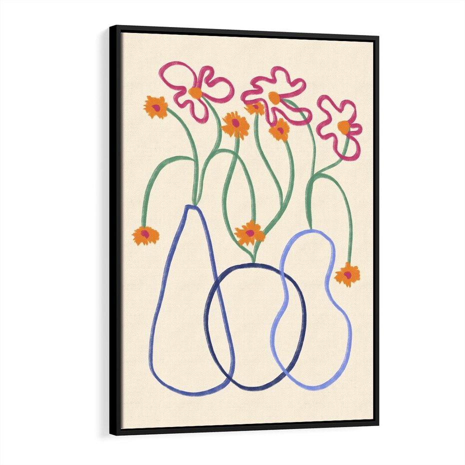 Obraz w ramie 70x100 - Migocące Pastelowe Impresje - minimalistyczny abstrakcyjny obraz, prymitywne kwiatki - rama czarna