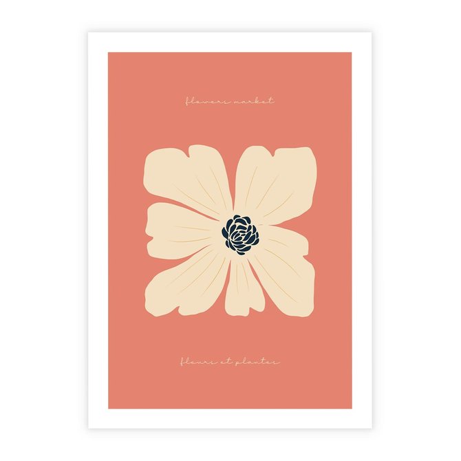 Plakat bez ramy 21x30 - Malowane Kolorowe Echa - minimalistyczna grafika, biały kwiat na różowym tle