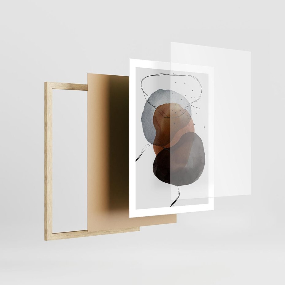 Plakat w ramie 50x70 - Kolorowe Wizje - abstrakcyjne plamy akwarelowe, czarny szkic - rama drewno