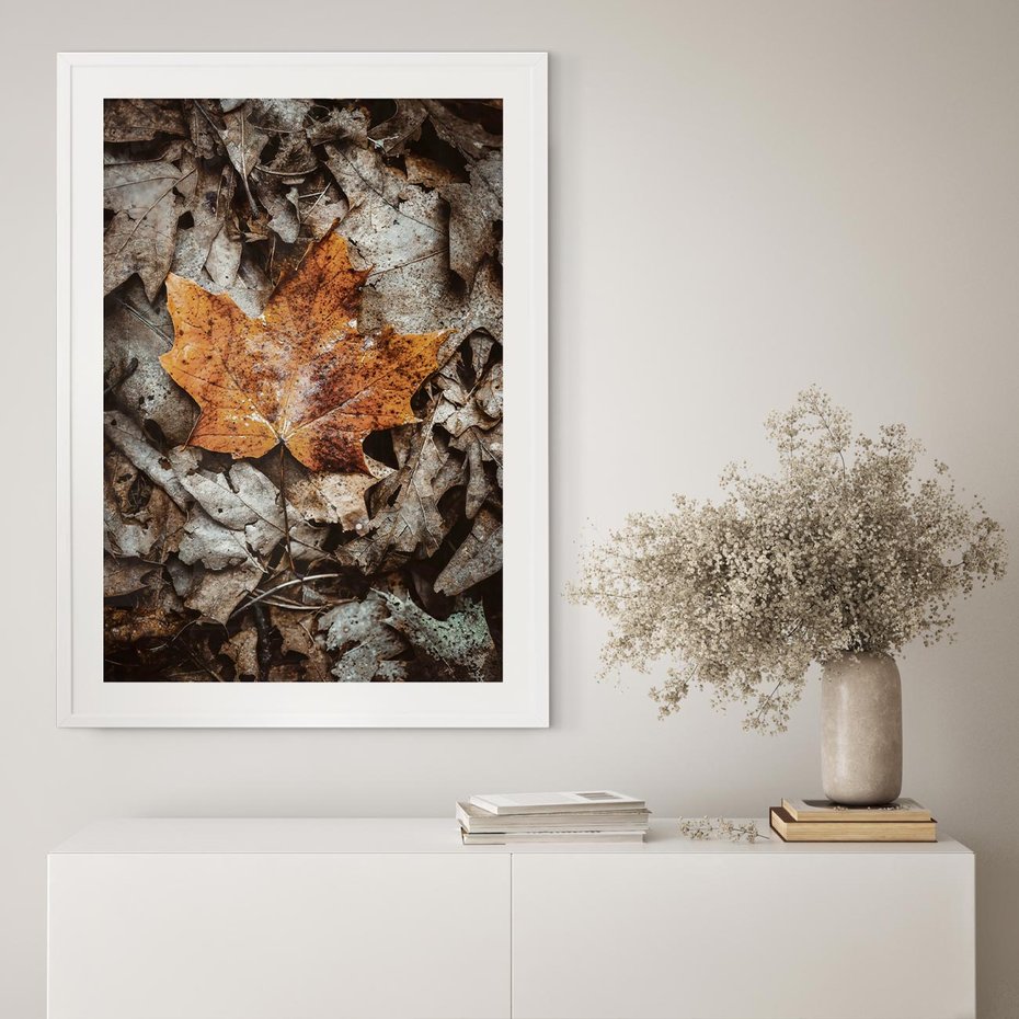 Plakat w ramie 40x50 - Jesienne Czarowanie - suchy liść, żółty - rama biała