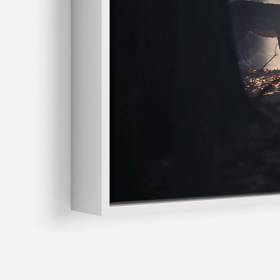 Obraz w ramie 80x120 - Sarnie Skoki - zdjęcie, klimatyczny las - rama biała