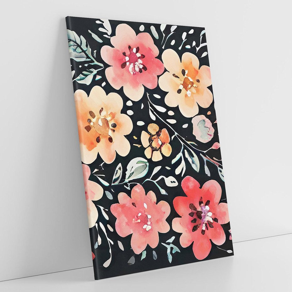 Obraz na płótnie 50x70 - Labirynty melancholii - akwarelowe, pastelowe kwiaty na czarnym tle