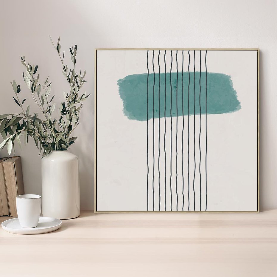 Obraz w ramie 50x50 - Bezczasowe Wspomnienia - abstrakcyjna akwarelowa plama, nieregularne kreski - rama drewno