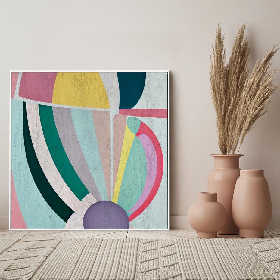 Obraz w ramie 80x80 - Podróżne Echa Przestrzeni - abstrakcyjne dziwne kształty, olejny obraz - rama biała