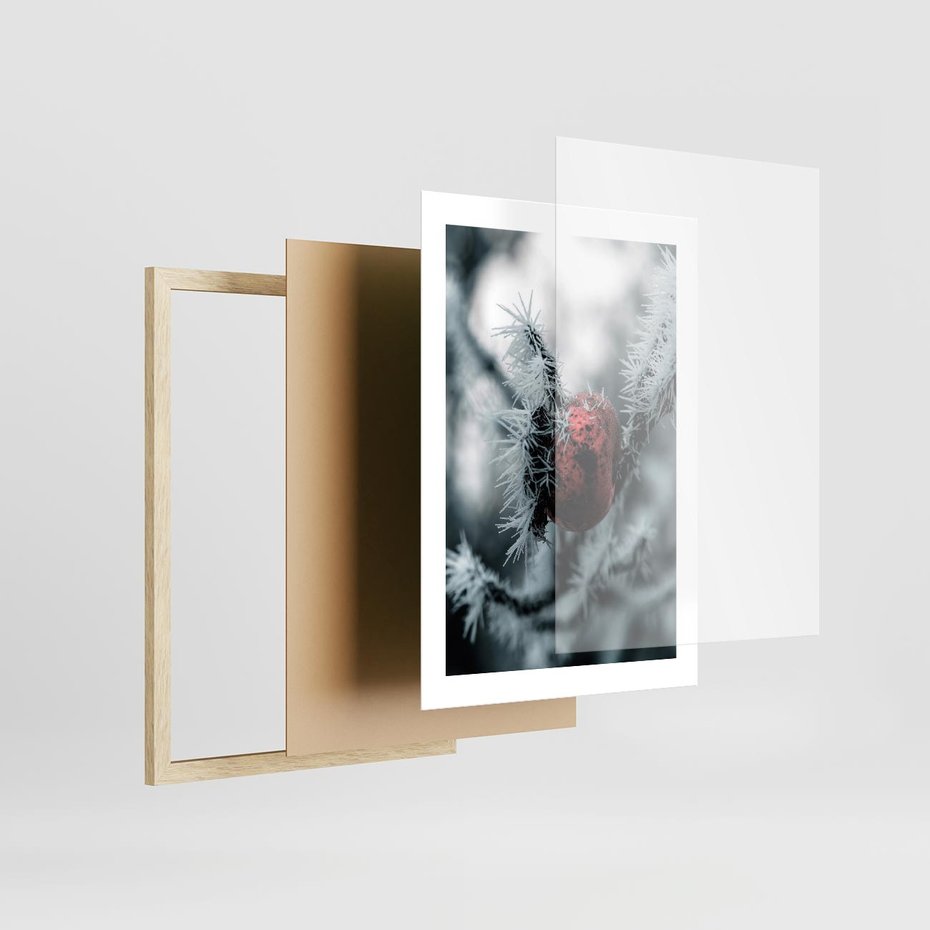 Plakat w ramie 30x40 - Chwila Zimowego Uroku - zima, ośnieżona gałązka - rama drewno