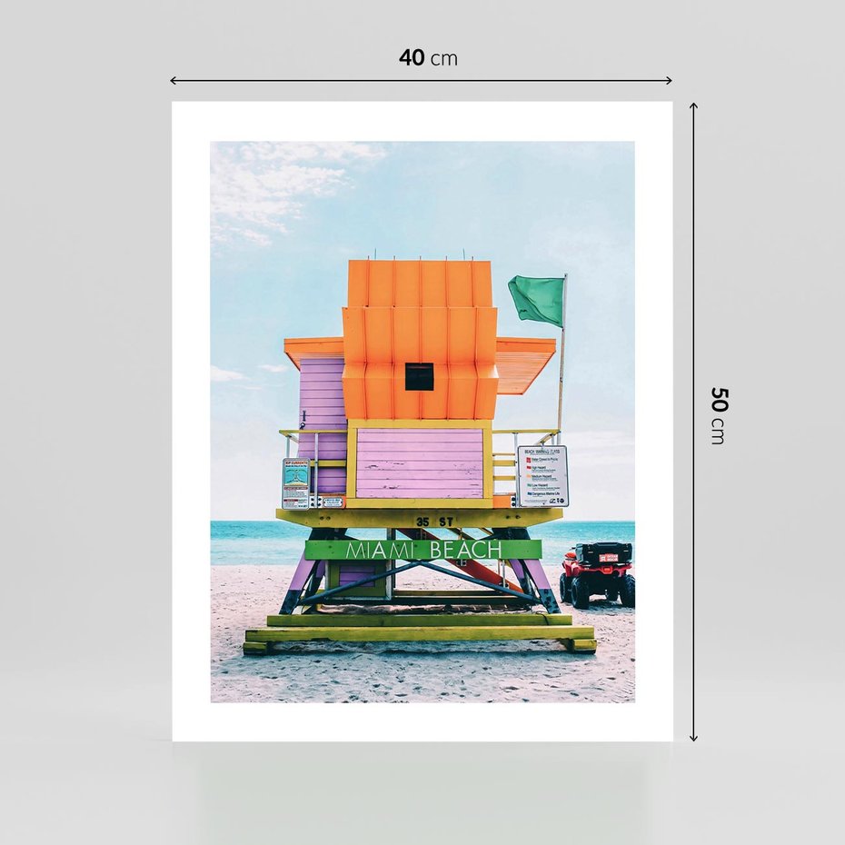 Plakat bez ramy 40x50 - Plaża Miami w Słoneczny Dzień - domek ratownika, kolorowy