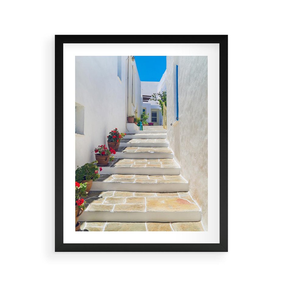Plakat w ramie 40x50 - Urok Greckiej Uliczki - grecka, uliczka - rama czarna