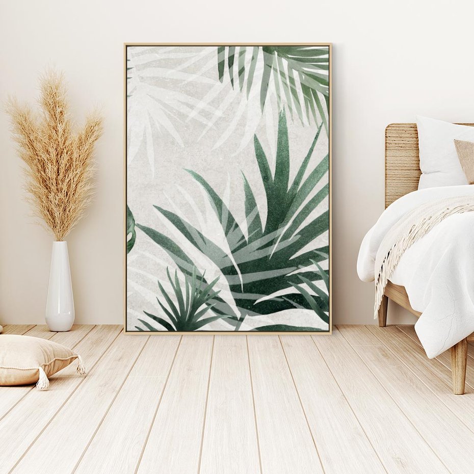 Obraz w ramie 50x70 - Tropikalne Akwarele - tropikalne liście, akwarela - rama drewno