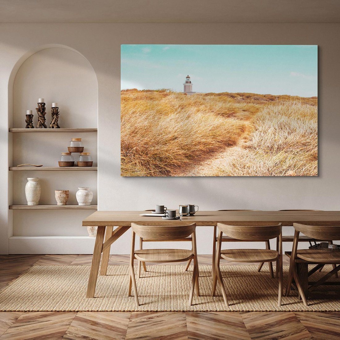 Obraz na płótnie 70x50 - Tajemnicza Ścieżka - latarnia morska w oddali, suche trawy