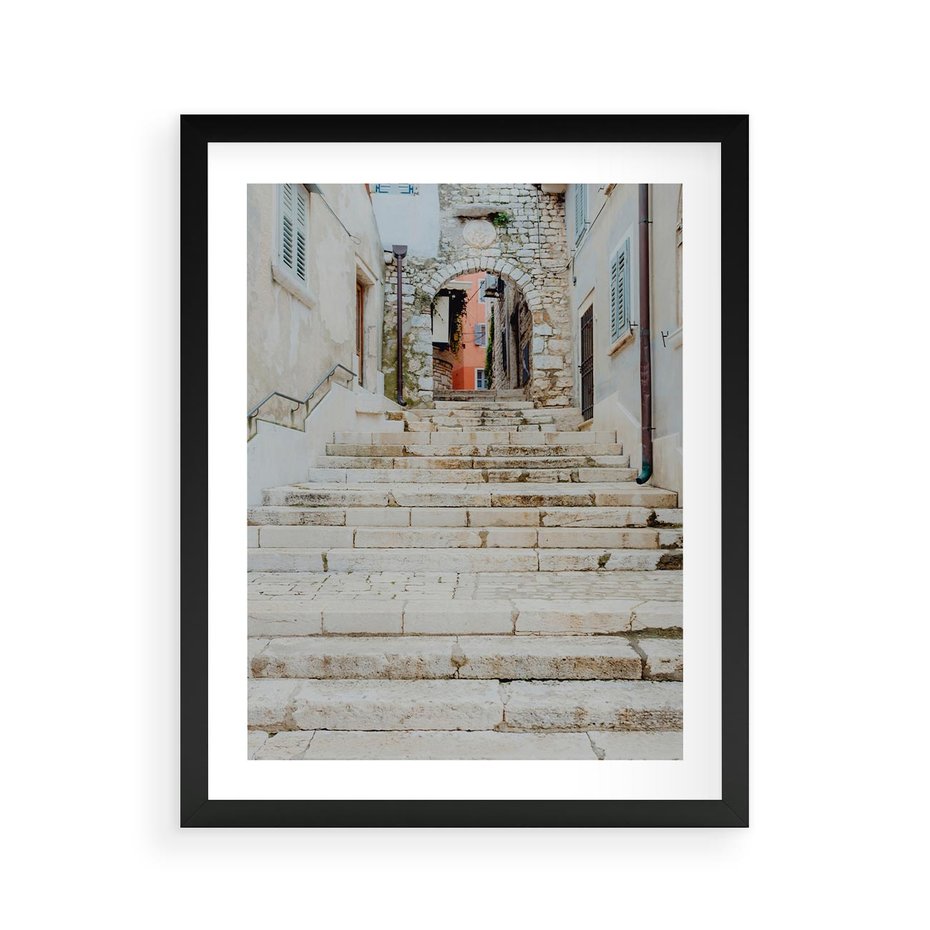 Plakat w ramie 40x50 - Schody we Włoskim Miasteczku - schody, śródziemnomorskie miasteczko - rama czarna