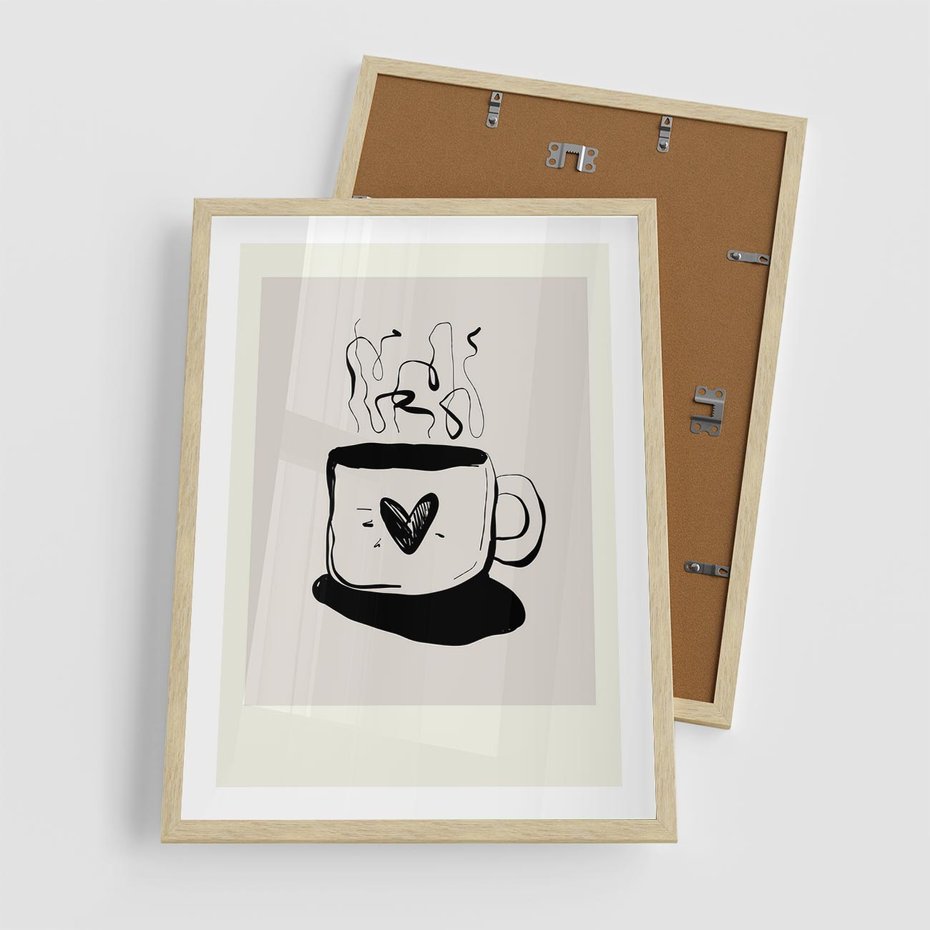 Plakat w ramie 50x70 - Grafika Kubka w Czerni i Bieli - kubek, grafika - rama drewno