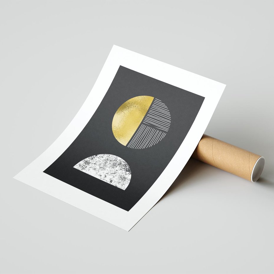 Plakat bez ramy 30x40 - Złote Koła i Geometryczne Formy - grafika, modern