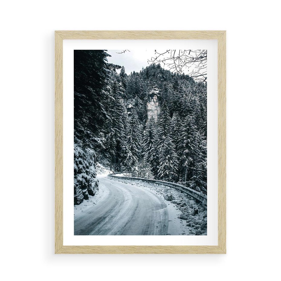 Plakat w ramie 50x70 - Zimowa Przygoda - zima w górach, droga - rama drewno
