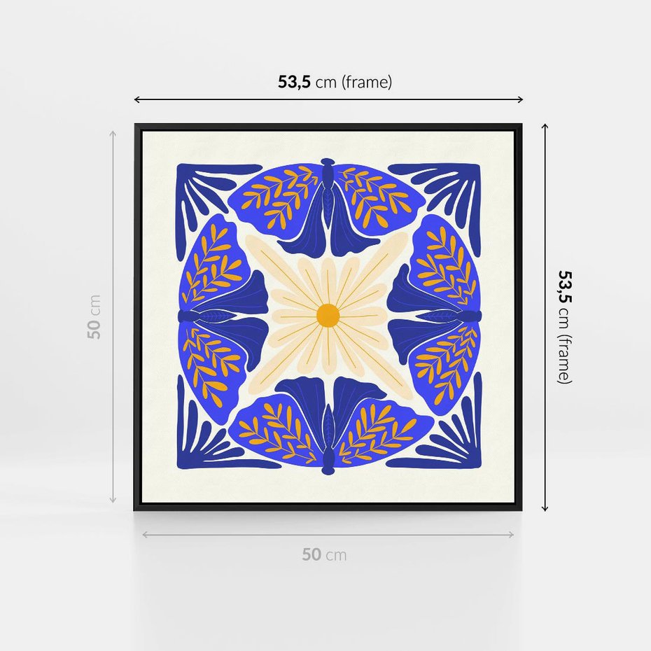 Obraz w ramie 50x50 - Księga Abstrakcji - abstrakcyjna boho kompozycja, granatowe ćmy - rama czarna