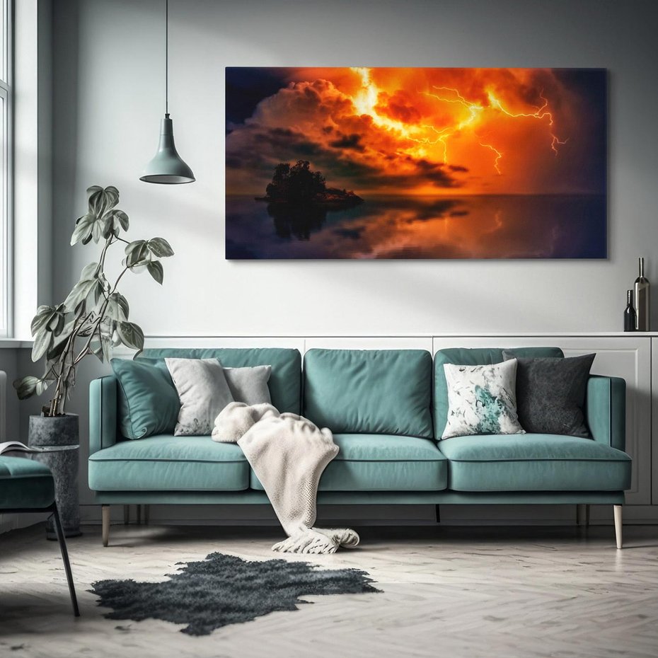 Obraz na płótnie 120x60 - Burza nad morzem z piorunem - burza, piorun