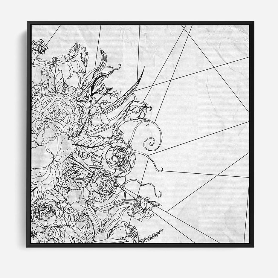 Obraz w ramie 50x50 - Refleksje w martwym punkcie - graficzny szkic, kompozycja kwiatów - rama czarna
