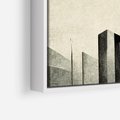 Obraz w ramie 50x50 - Mroczne Wieżowce - postarzana grafika, perspektywa budynków wieżowców - rama biała