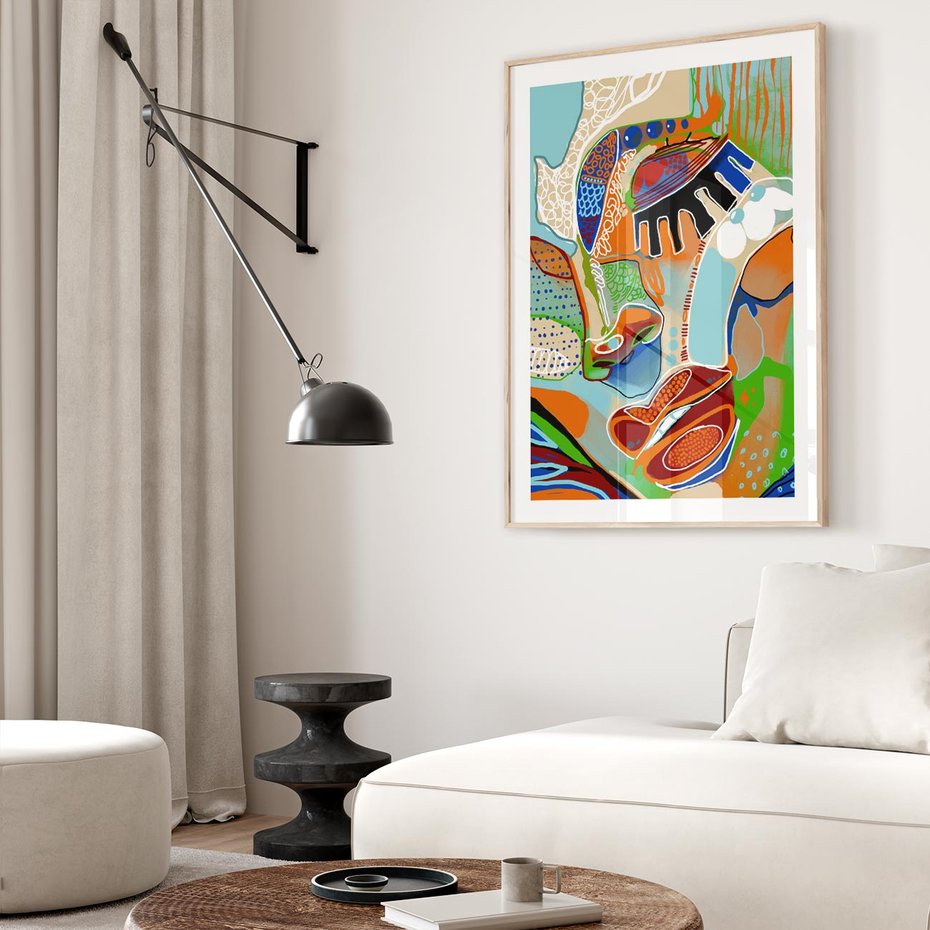 Plakat w ramie 30x40 - Wibracje Kształtów - abstrakcyjny portret kobiety, twarz - rama drewno