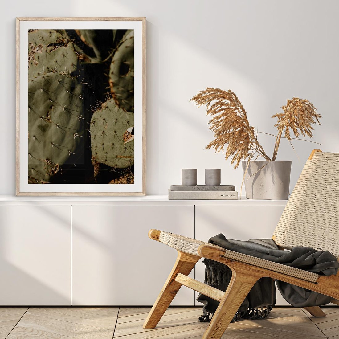 Plakat w ramie 30x40 - Urok Egzotyki - kaktusy, boho - rama drewno