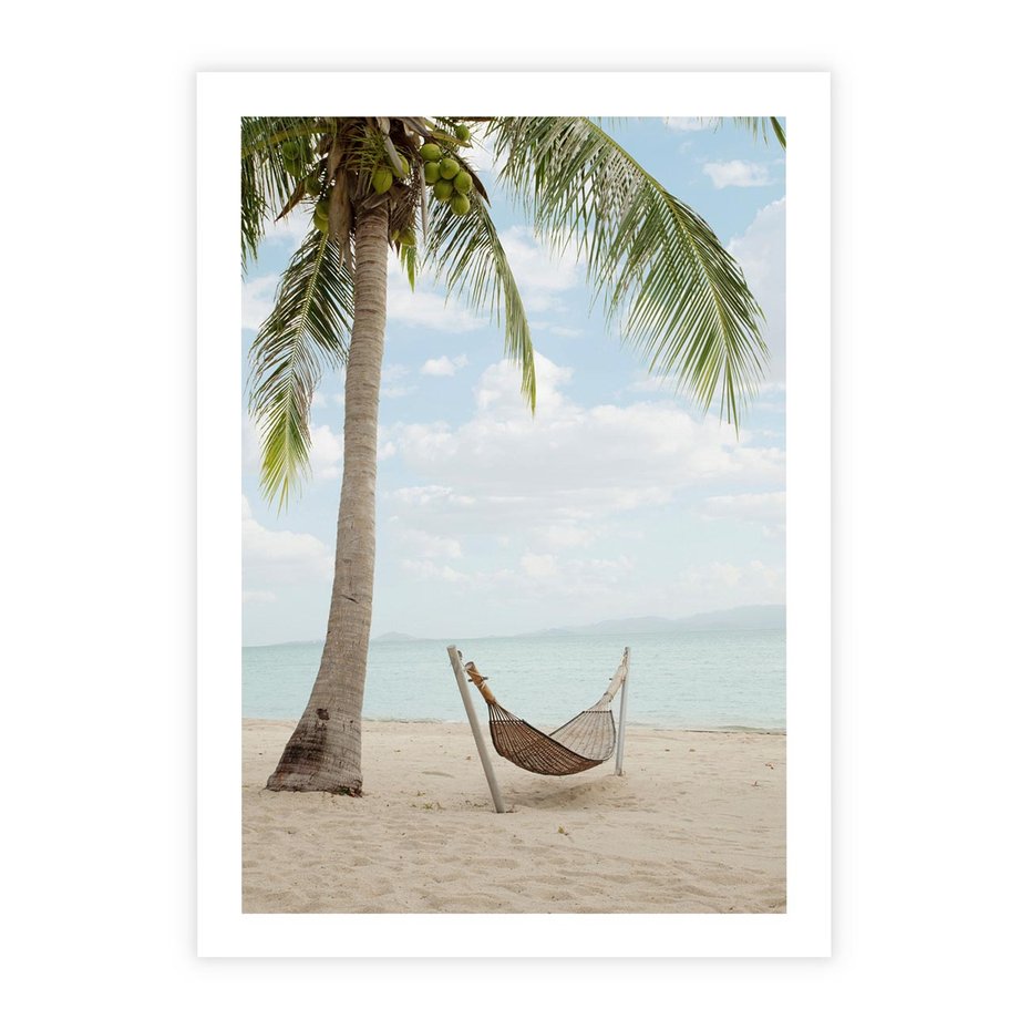 Plakat bez ramy 21x30 - Relaks na plaży - palma, hamak