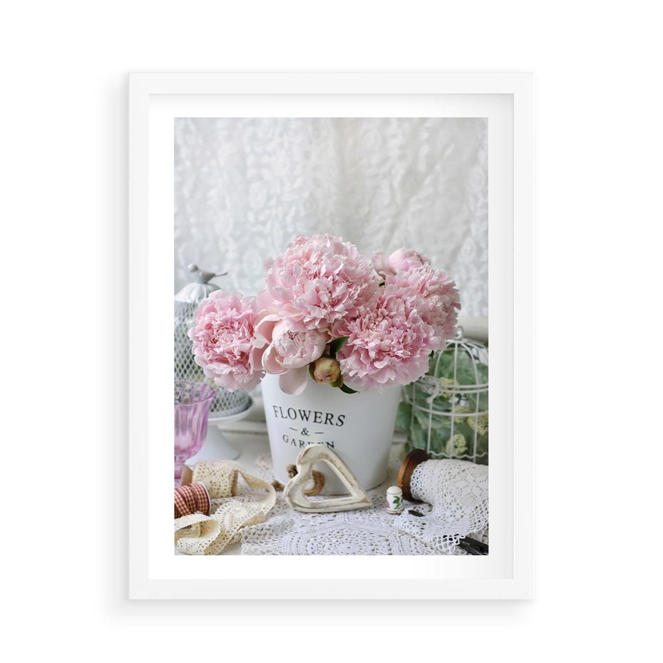 Plakat w ramie 50x70 - Miłość w powietrzu - kwiaty, romantyczne - rama biała