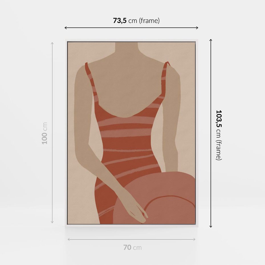 Obraz w ramie 70x100 - Kobiece Retro - minimalistyczny boho plakat, retro kobieta w stroju kąpielowym - rama biała